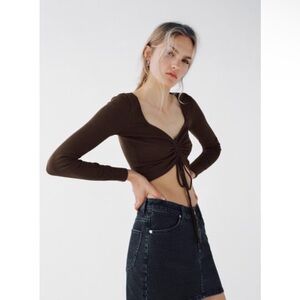 Zara Brown Ruched Crop Blouse